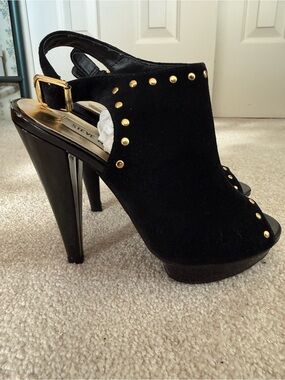 Steve Madden Black Suede Peep-Toe Slingback Heels with Gold Studs